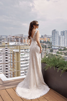 Mermaid Wedding Dress With Beading And Sequins On Tulle Overlay, V-Neck, Sleeveless, Embellished Bodice, Cathedral Train
