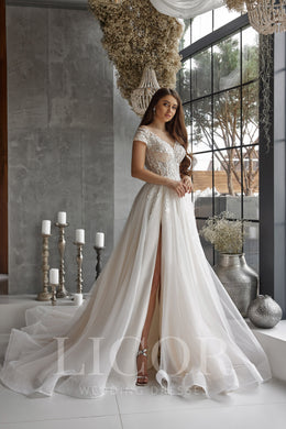 A-Line Wedding Dress With Lace Appliqués And Beading On Tulle, Illusion Off-The-Shoulder Neckline, Cathedral Train, Romantic Luxury