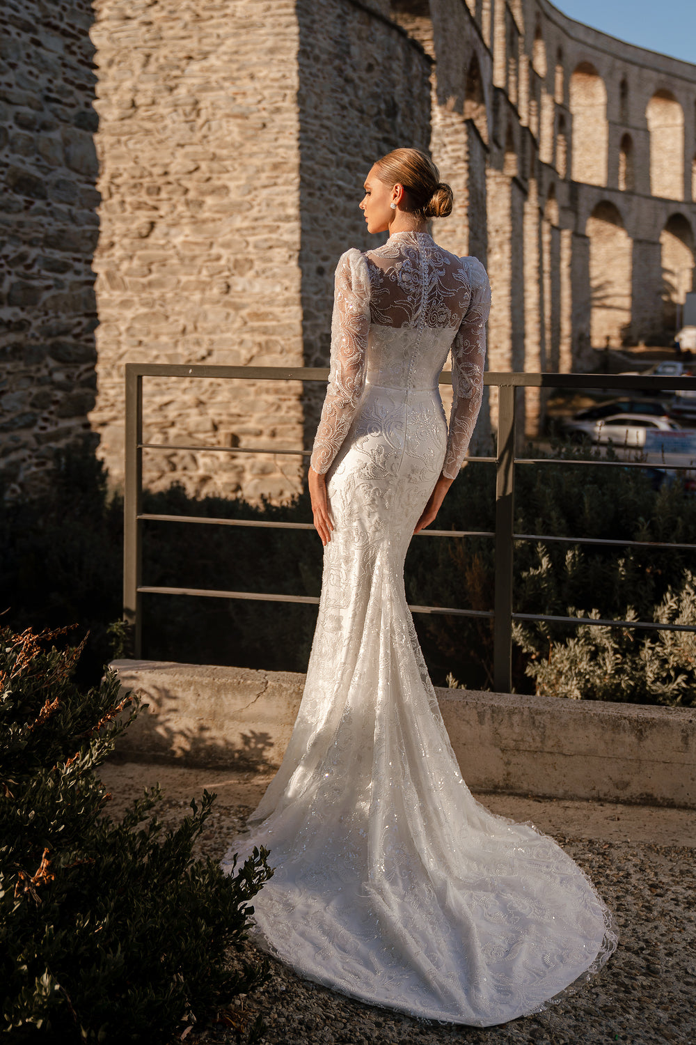 Guipure Wedding Dress with Beads & Sequins, Voluminous Long Sleeves & Train