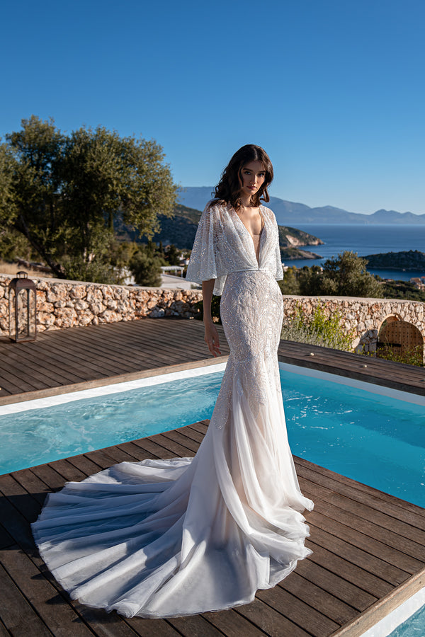 Stunning Mermaid Wedding Dress with Removable Embroidered Cape and Beaded Corset