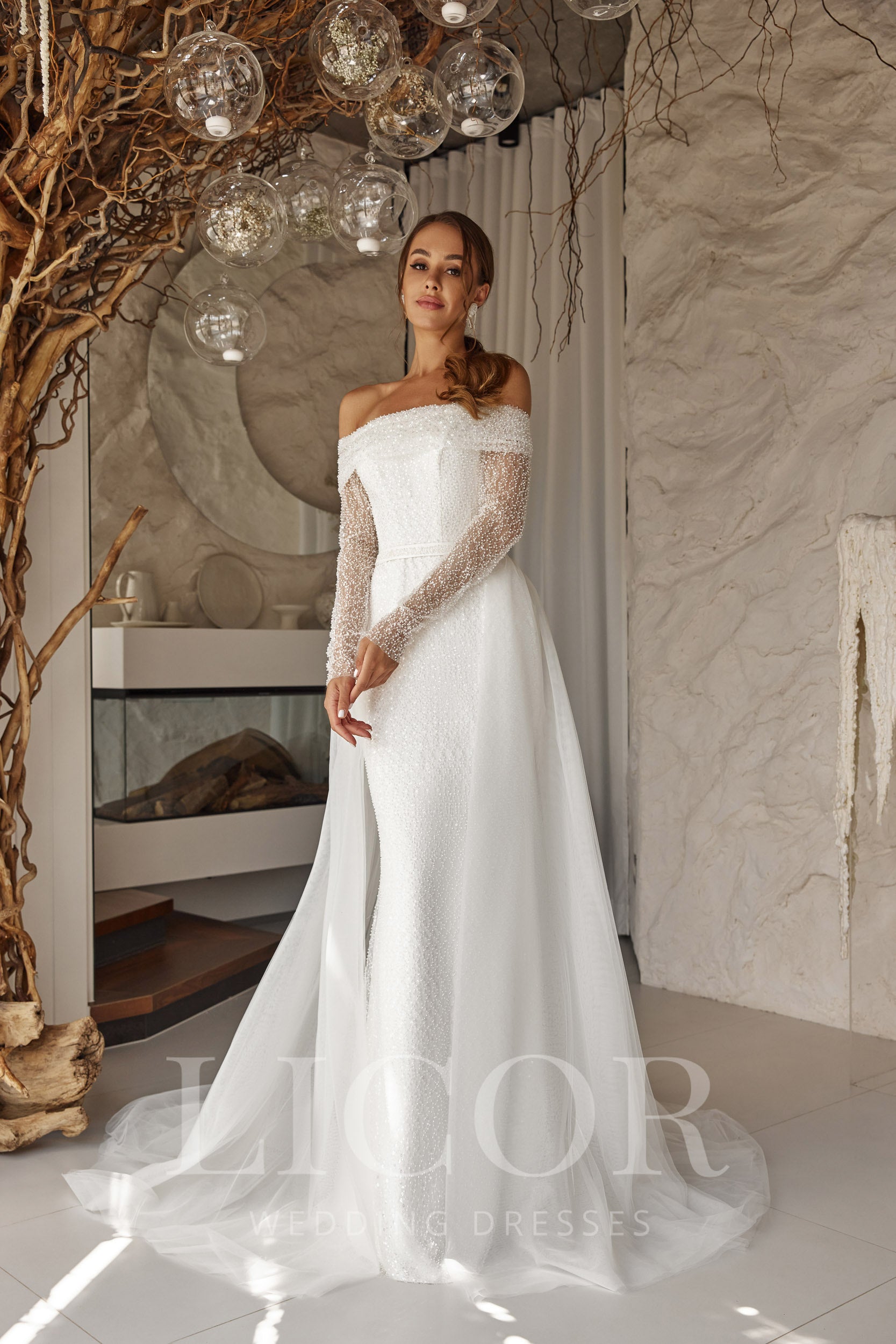 Romantic A-Line Wedding Dress With Beaded Tulle Overlay, Off-the-Shoulder Neckline, Long Sleeves, Cathedral Train