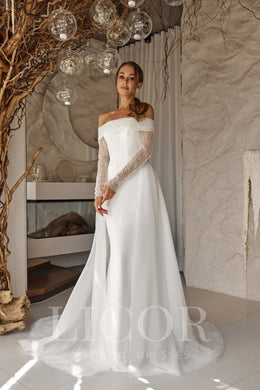 Romantic A-Line Wedding Dress With Beaded Tulle Overlay, Off-the-Shoulder Neckline, Long Sleeves, Cathedral Train