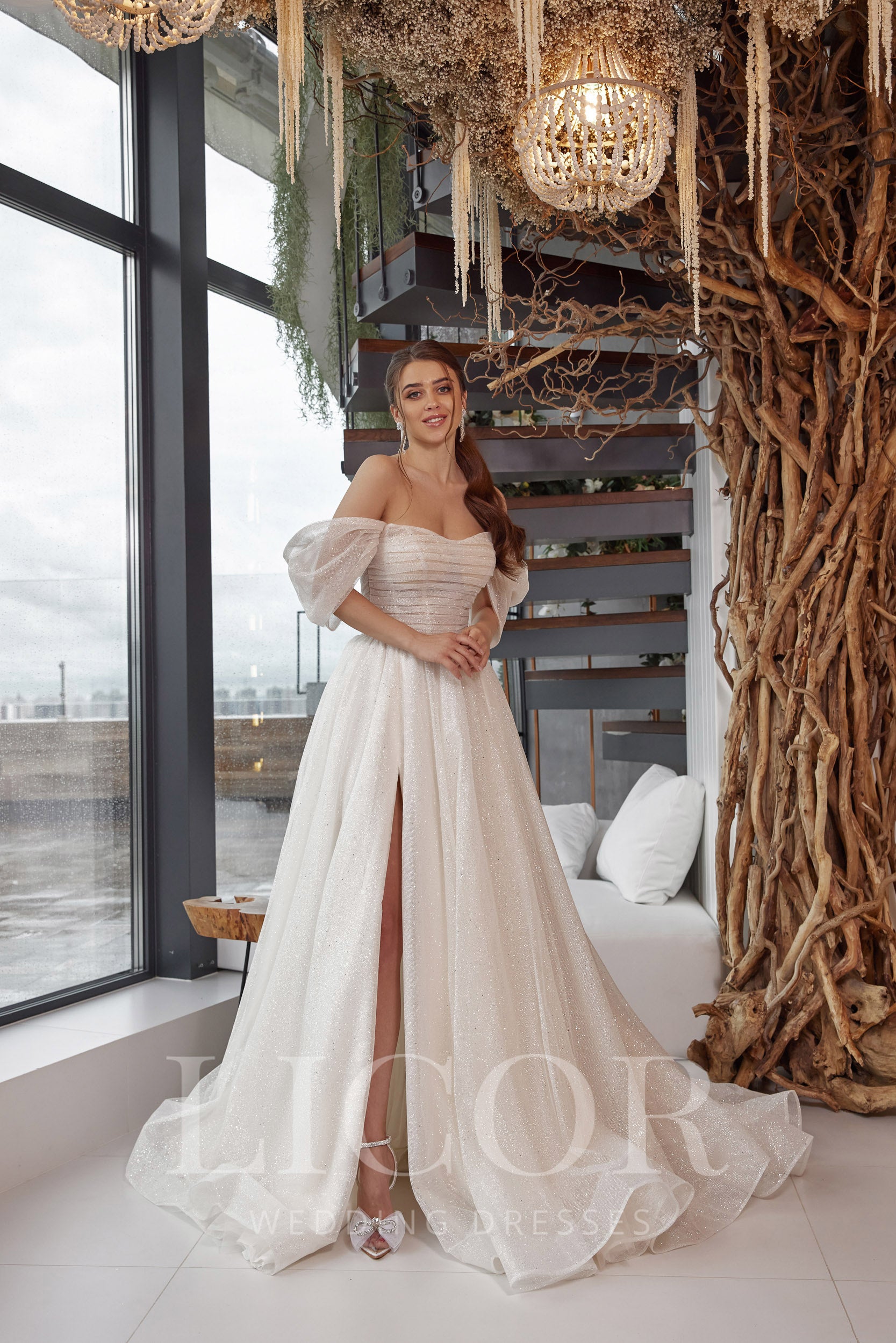 Ball Gown Wedding Dress With Off-the-Shoulder Neckline, Structured Bodice, Puff Sleeves, Sparkle Tulle Overlay