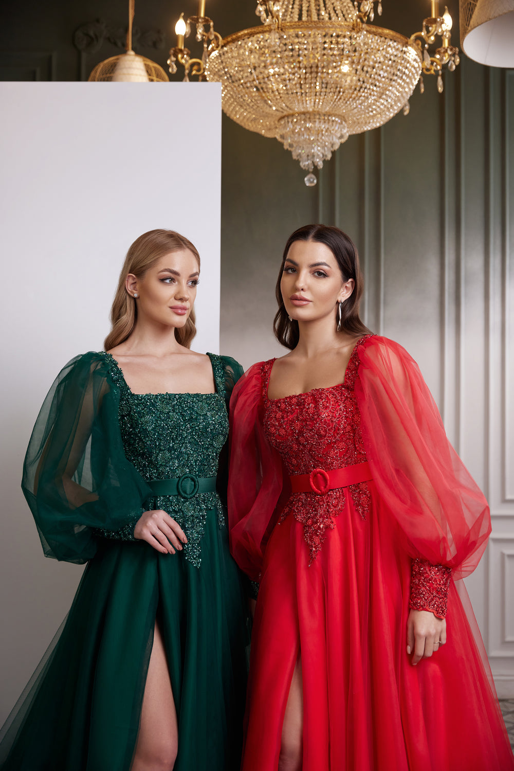 Women's Special Occasion Dress with Square Neck, Puffy Sleeves, Tulle Skirt and Slit Detail