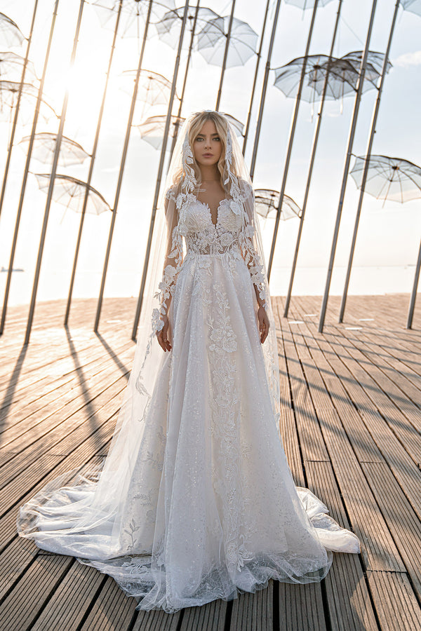 Elegant V-Neck Sheath Wedding Dress with Lace Sleeves and Chapel Train