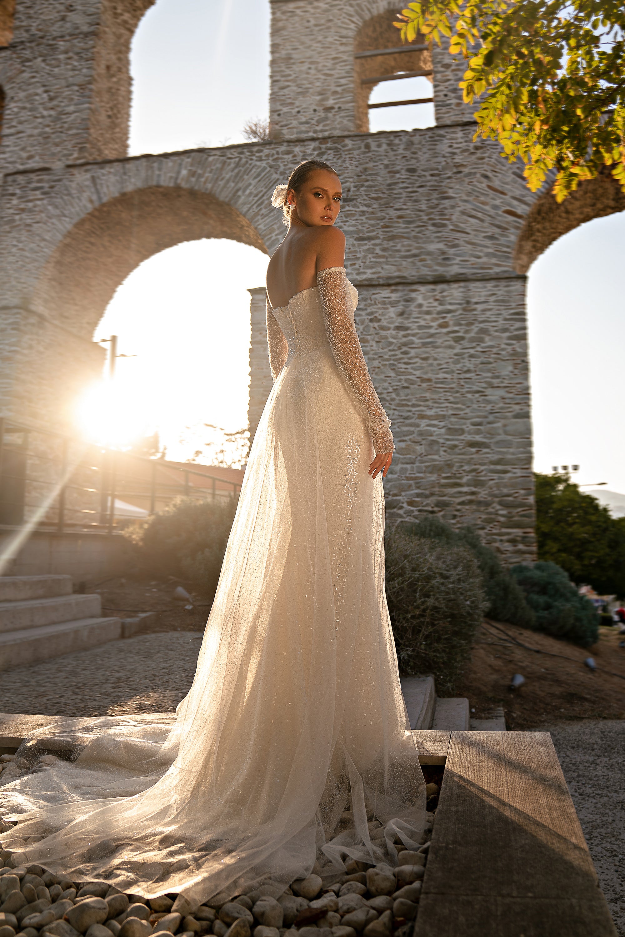 Mermaid Wedding Dress with Detachable Glitter Tulle Overskirt