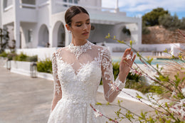 A-Line Wedding Dress with High Neck and Floral Lace