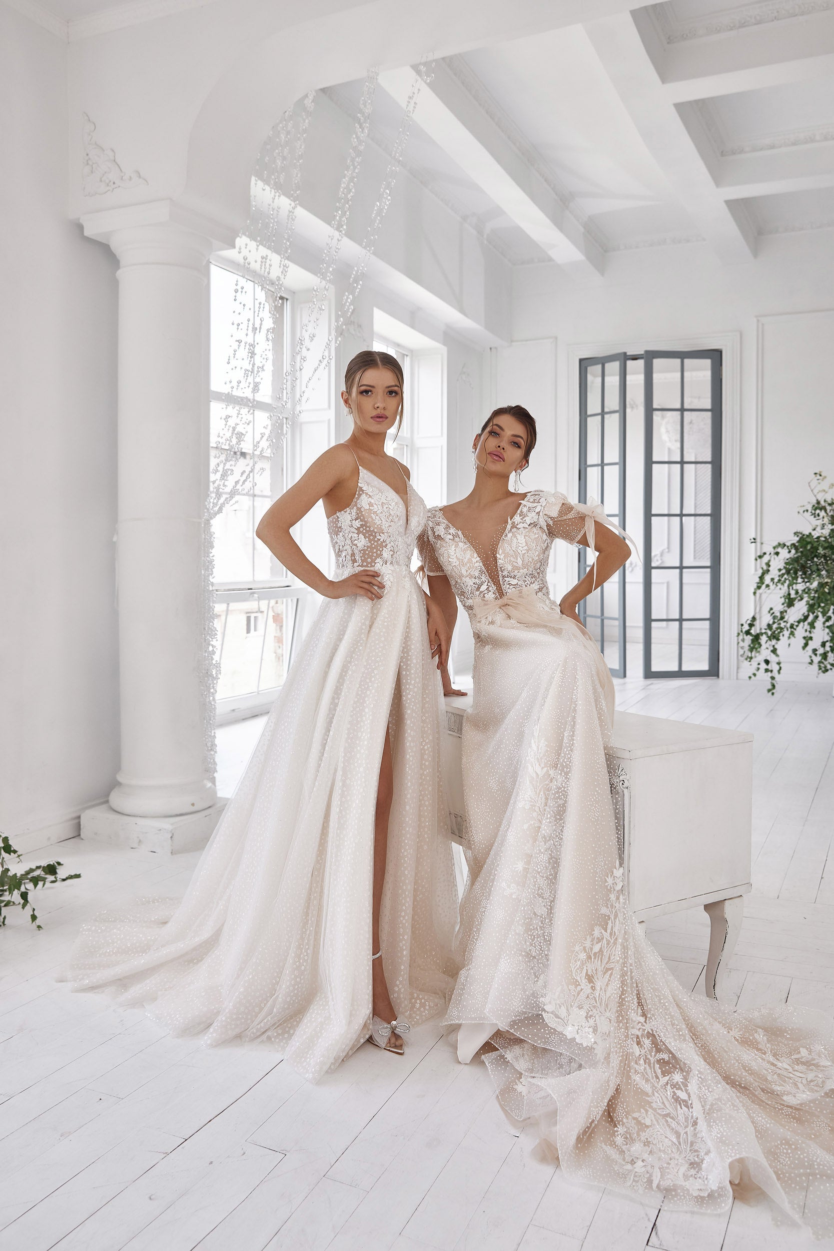 A-Line Wedding Dress with Floral Lace and Puff Sleeves