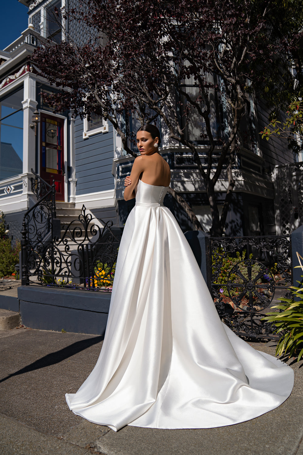 Royal Mikado Wedding Dress with Removable Asymmetrical Cape and 3D Guipure Embellishments