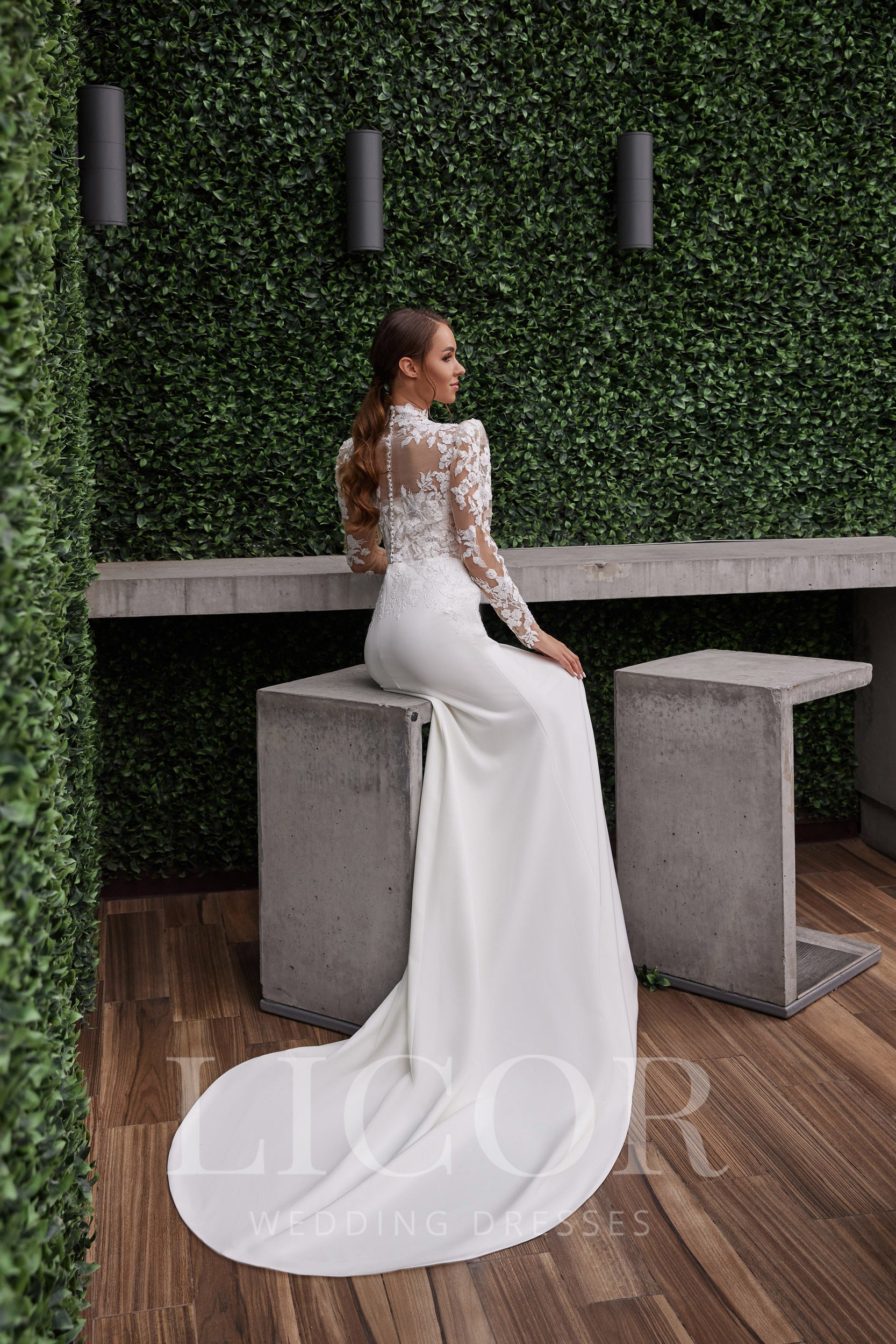 Ball Gown Wedding Dress With Lace Appliqués, High Illusion Neckline, Long Lace Sleeves, Tulle Skirt, Illusion Back, Cathedral Train