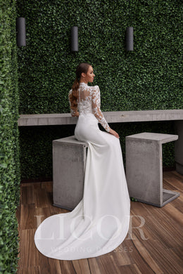 Ball Gown Wedding Dress With Lace Appliqués, High Illusion Neckline, Long Lace Sleeves, Tulle Skirt, Illusion Back, Cathedral Train