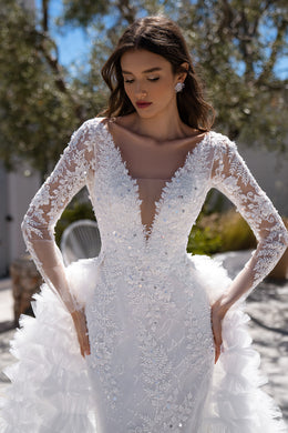 2-in-1 Lace Sheath Wedding Dress with Ruffled Overskirt