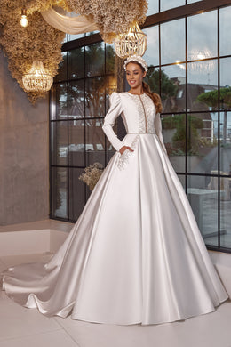 A-Line Satin Wedding Dress with Beading and Crystals Embellished Bodice, Long Sleeves, High Neck, Cathedral Train