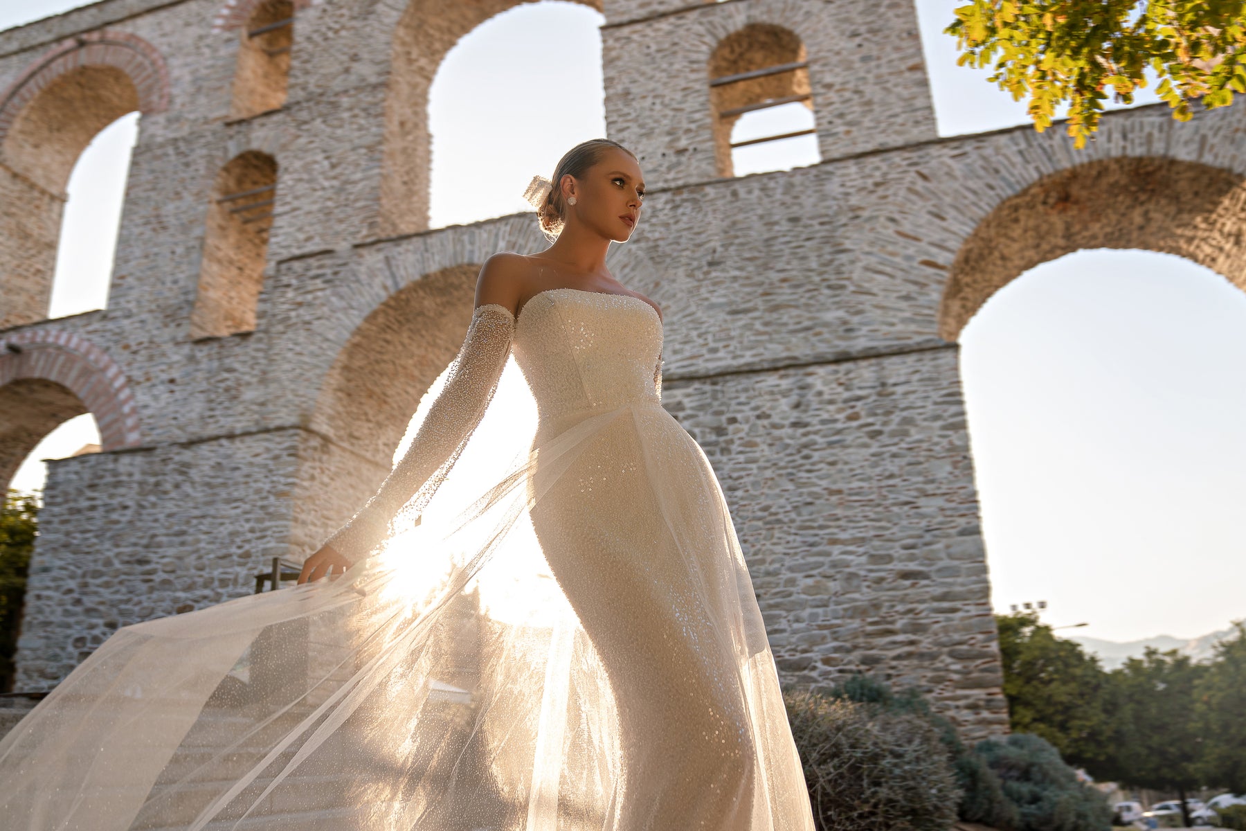 Mermaid Wedding Dress with Detachable Glitter Tulle Overskirt