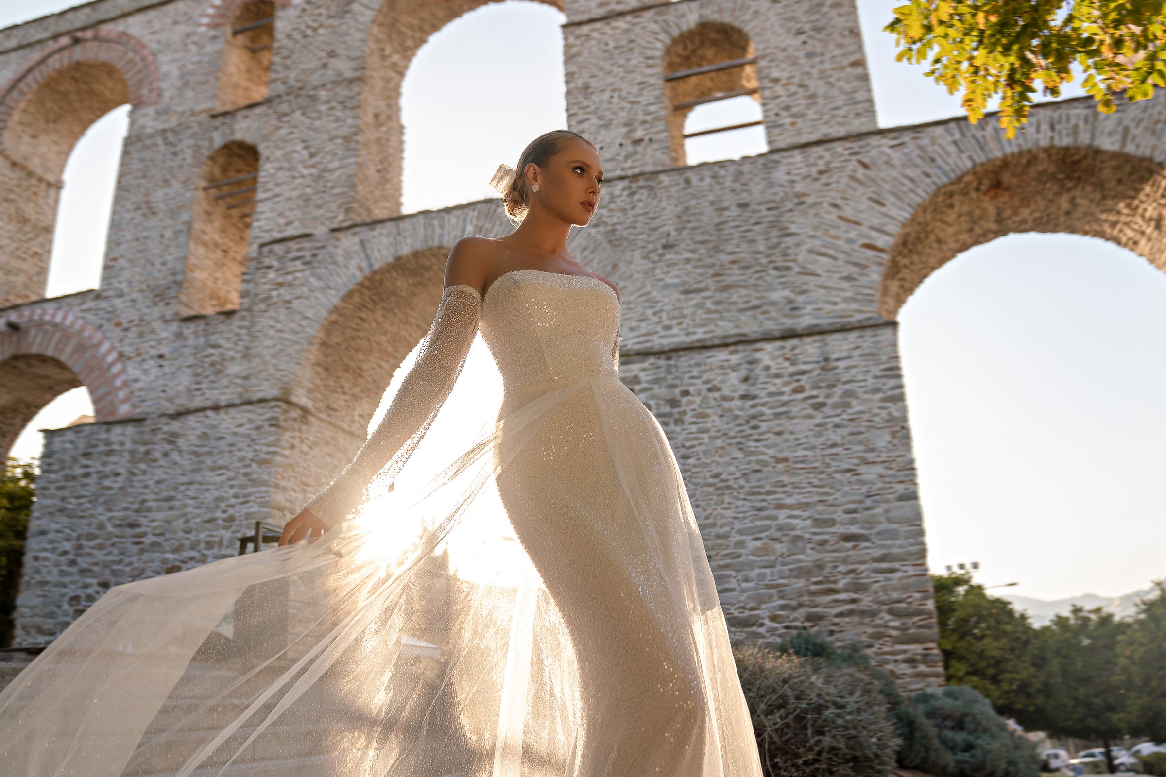 Mermaid Wedding Dress with Detachable Glitter Tulle Overskirt