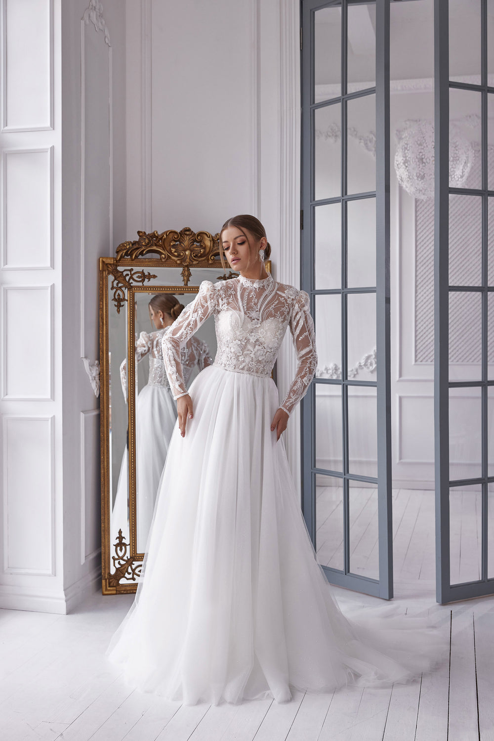 Ball Gown with Floral Lace Appliqués, Illusion High-Neck Lace Bodice, Long Sleeves, Tulle Skirt and Cathedral Train