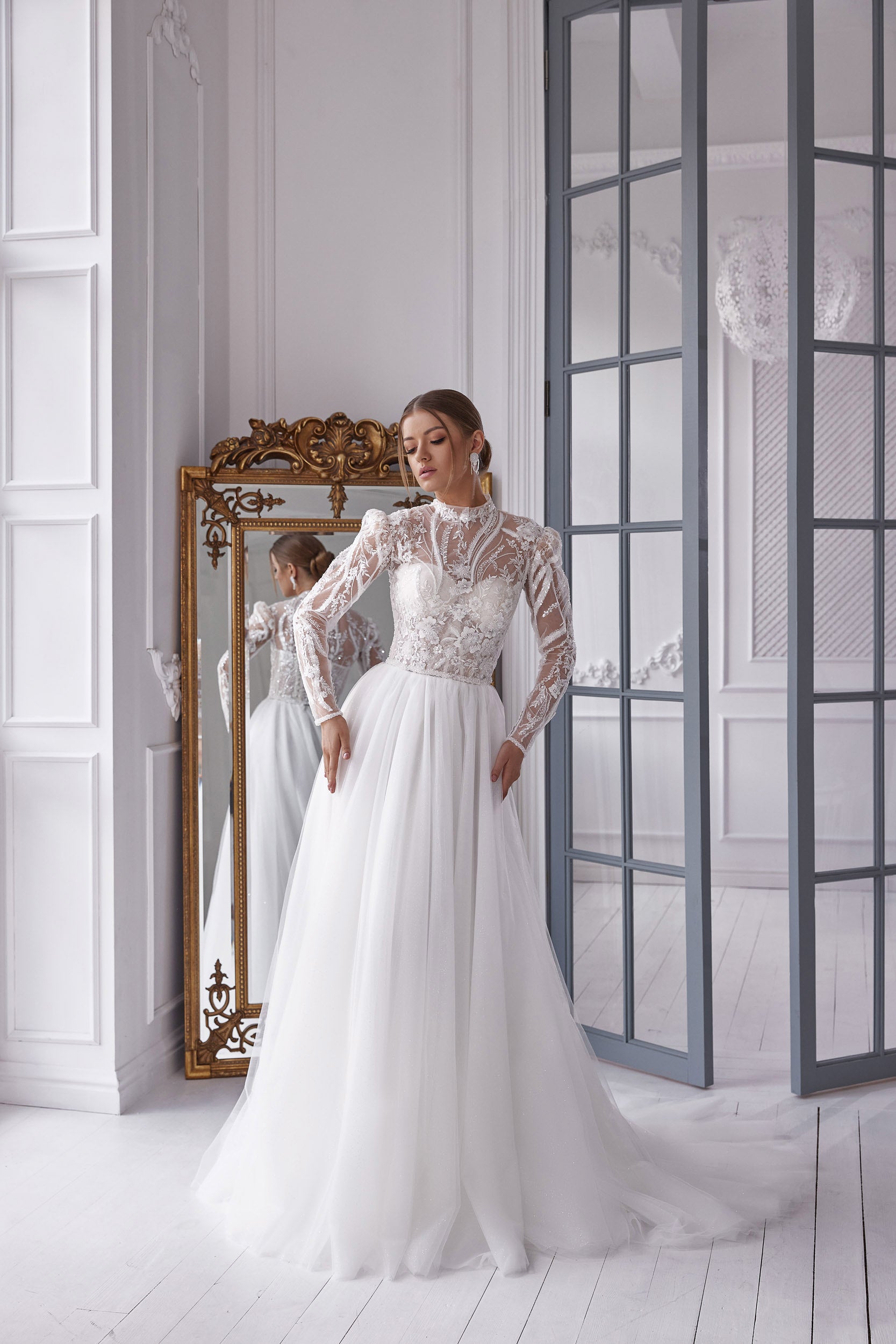 A-Line Wedding Dress with Detachable Long Sleeve Bolero