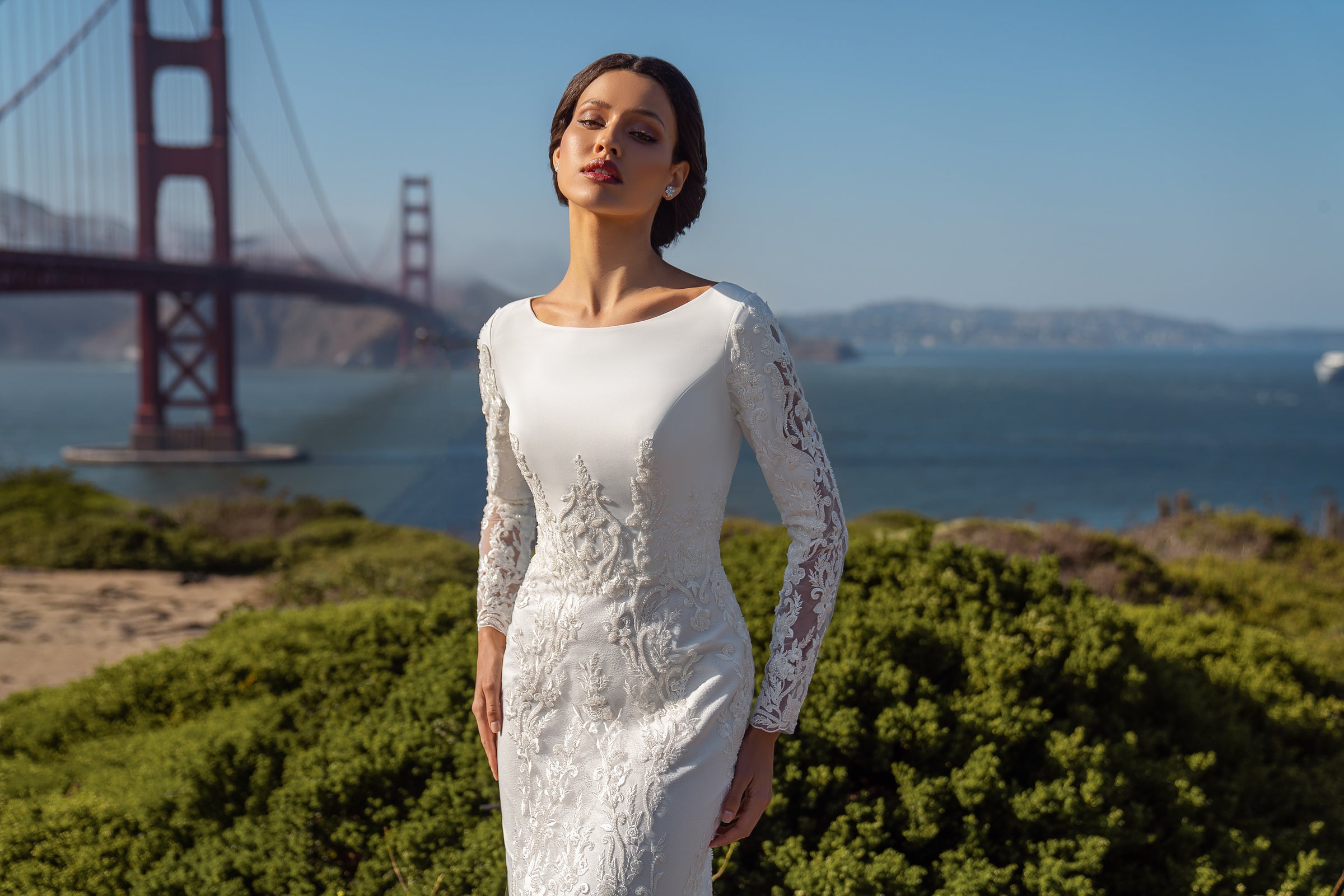Sheath Wedding Dress with Long Lace Sleeves and Detachable Overskirt