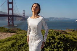 Sheath Wedding Dress with Long Lace Sleeves and Detachable Overskirt