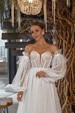 Exquisite A-Line Off-the-Shoulder Wedding Dress With Long Sleeves, Tulle With Lace Appliqués Embroidery, Cathedral Train