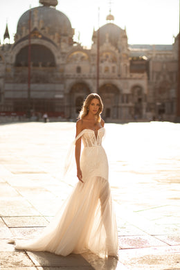 Light Tulle Mermaid Dress with Deep V-Neck, Off Shoulders, and Zipper Back
