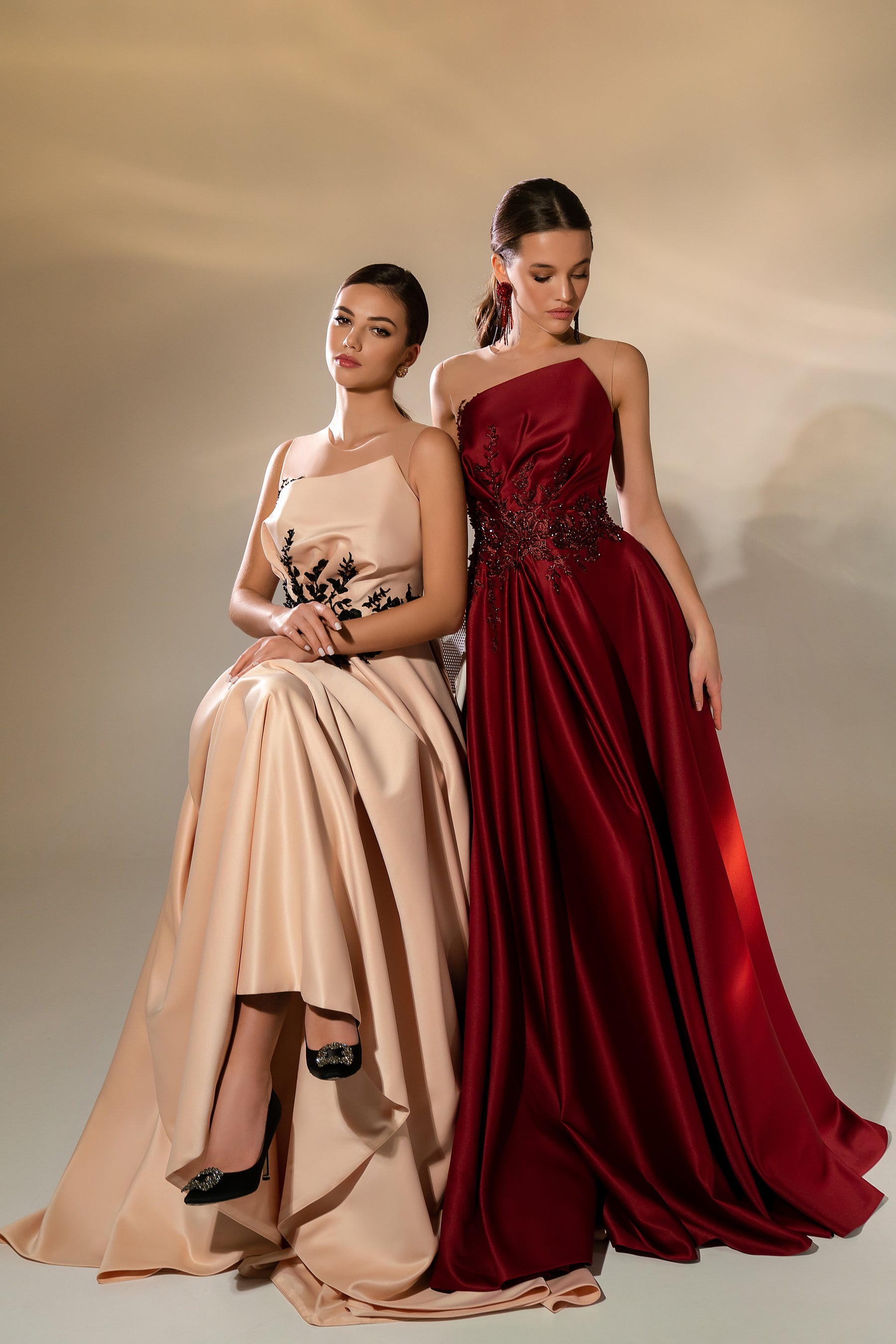 Women's Luxurious Satin Evening Dress with Embroidered Crystal Guipure and Asymmetrical Drapery