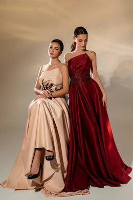 Women's Luxurious Satin Evening Dress with Embroidered Crystal Guipure and Asymmetrical Drapery