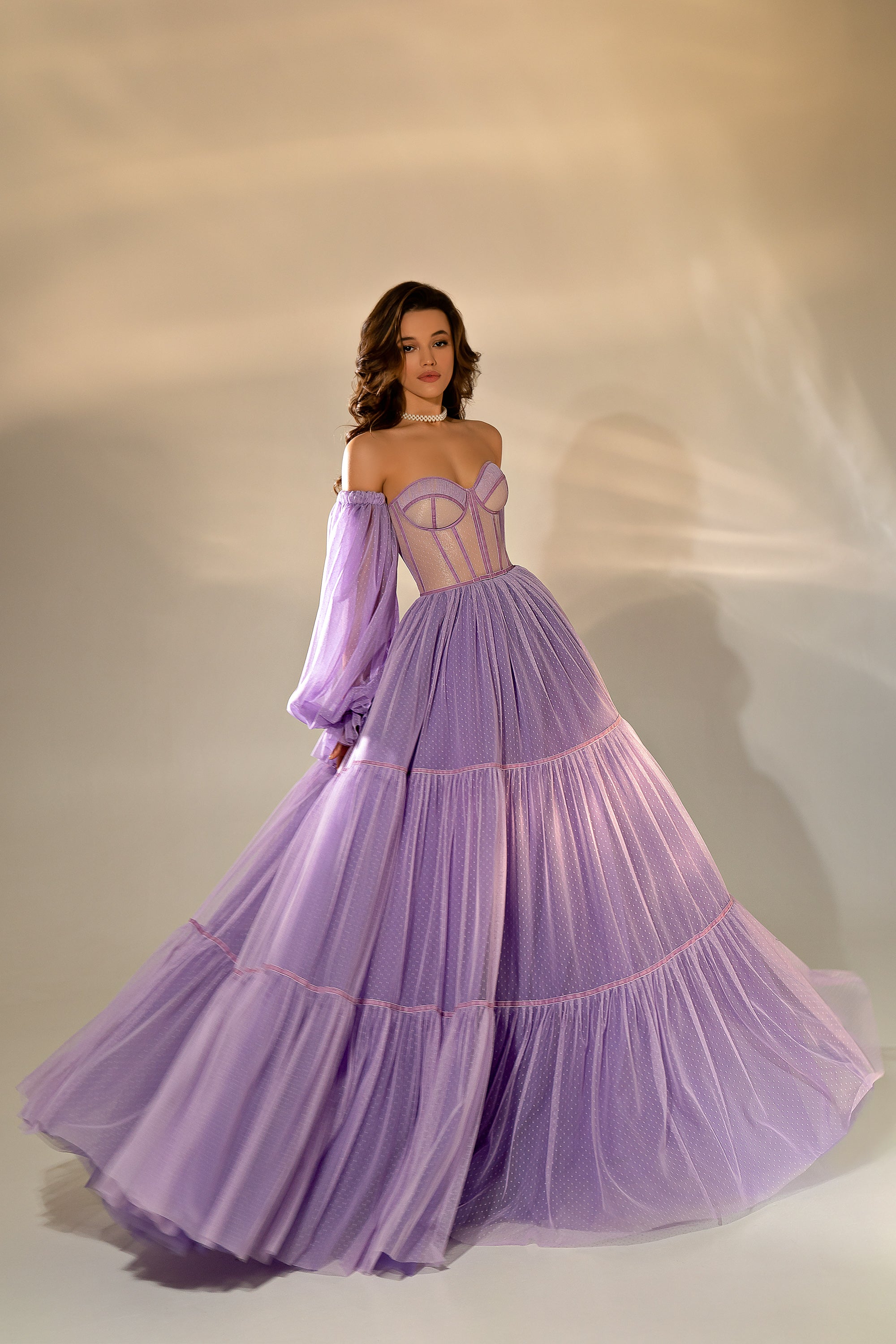 Women's Boho Evening Dress with Detachable Sleeves - Translucent Dotted Tulle Fabric