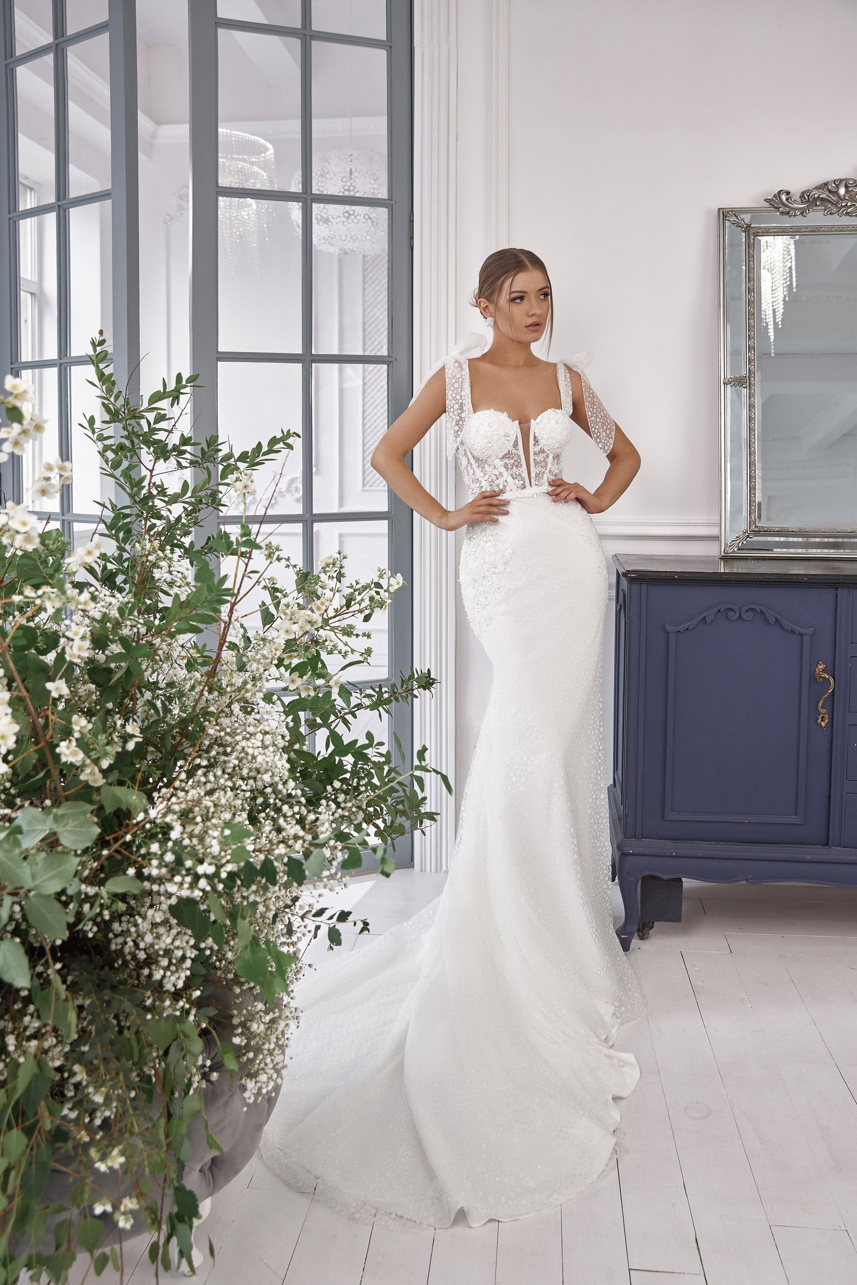 Sheath Wedding Dress with Beaded Bodice and Detachable Overskirt