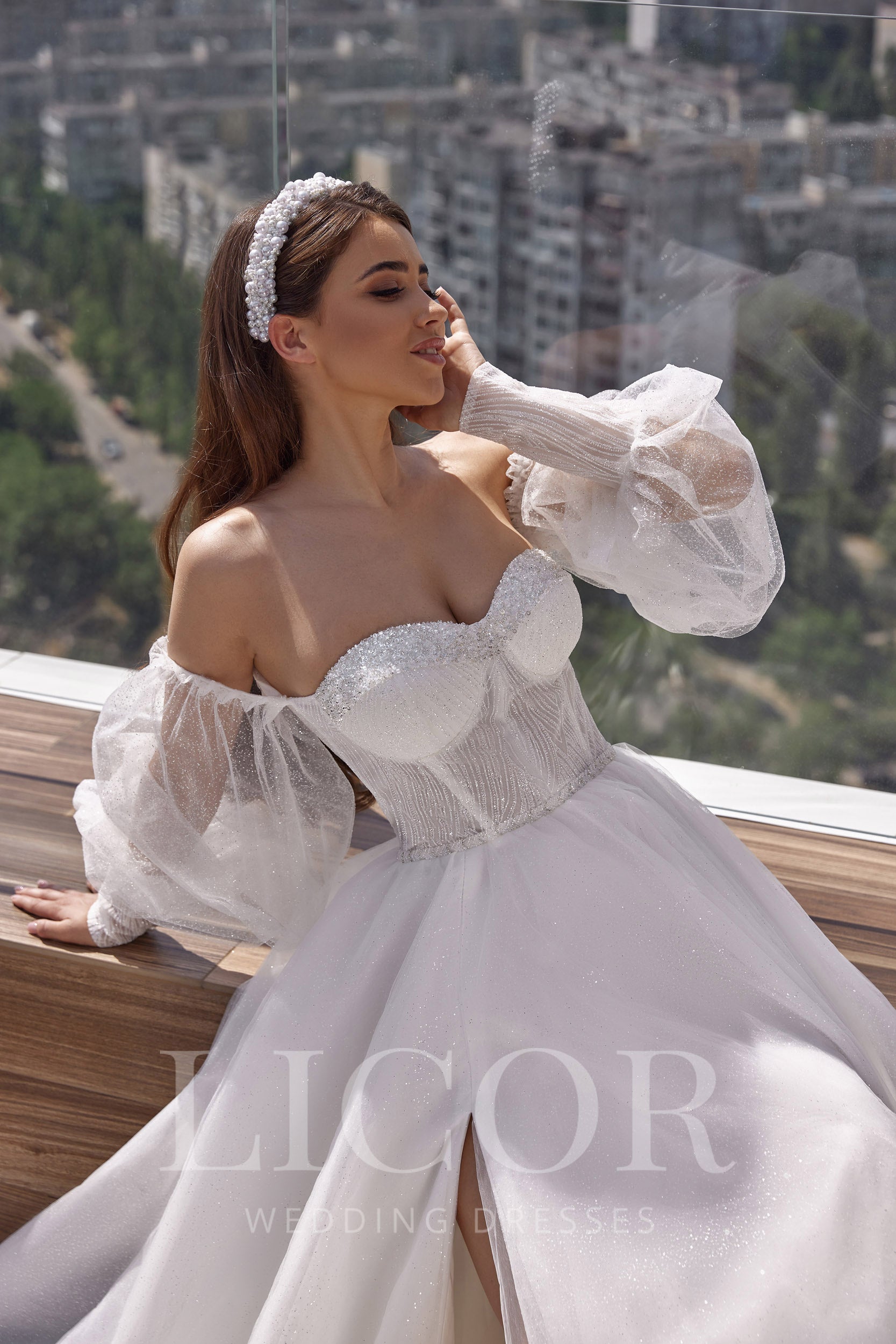 Romantic A-Line Wedding Dress With Sparkle Tulle, Beaded Bodice, Off-the-Shoulder Neckline, Sheer Puff Sleeves, Cathedral Train