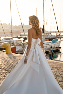 Mikado Ball Gown with Modern Corset Design, Hand-Embroidered with Pearls and Beads, Short Transparent Sleeves with Pearls, and Voluminous Bow at Back