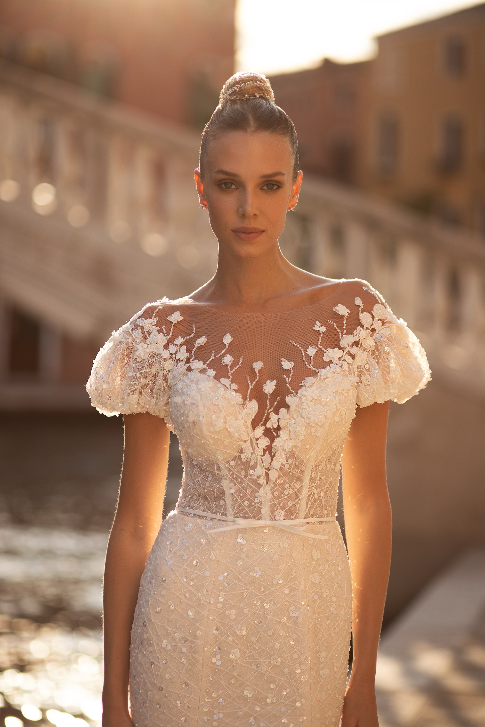 Mermaid Wedding Dress with Lace Short Sleeves, Buttons Back, and V-Neck