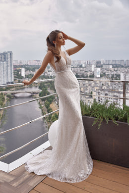 Mermaid Wedding Dress With Beading And Sequins On Tulle Overlay, V-Neck, Sleeveless, Embellished Bodice, Cathedral Train