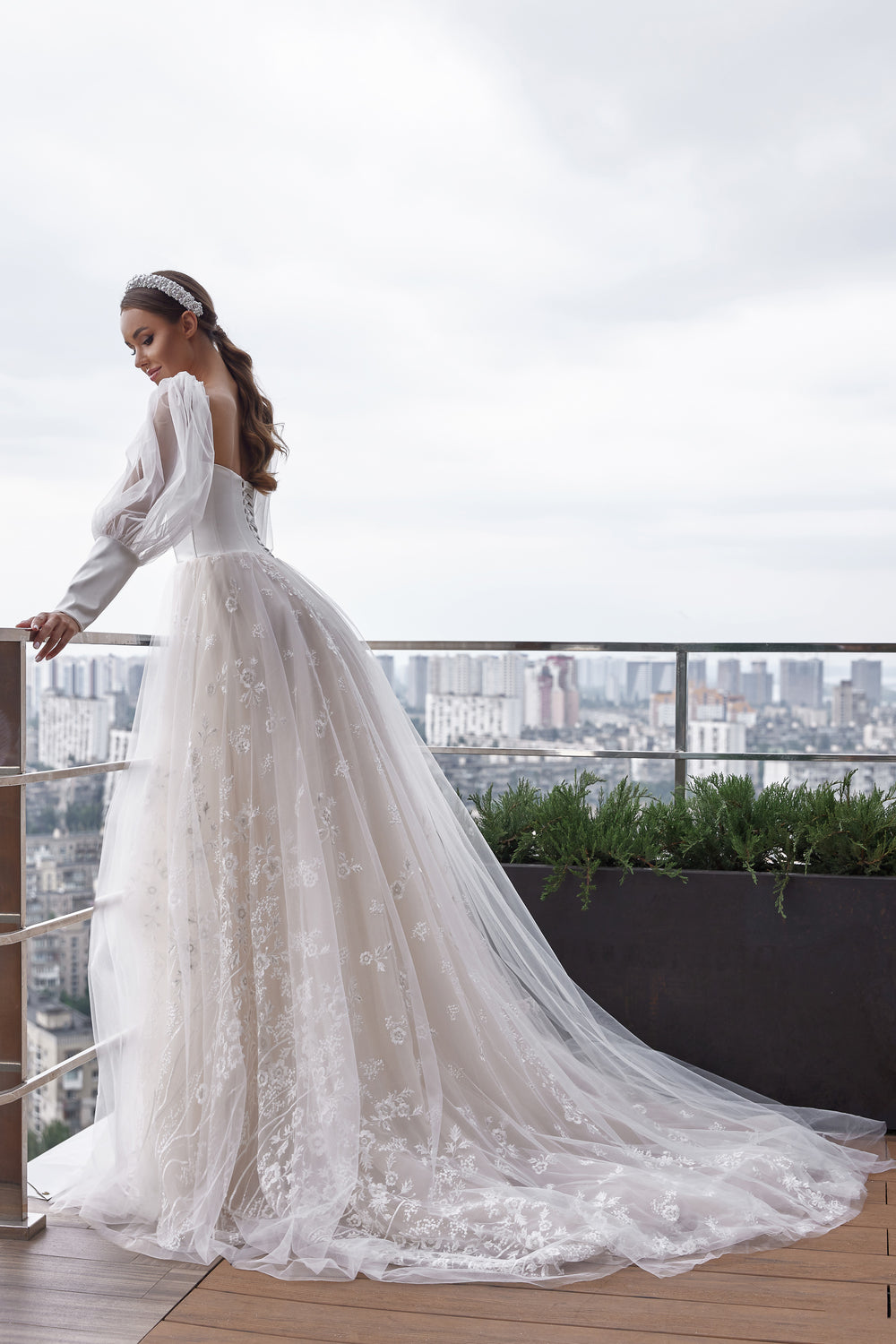 Romantic A-Line Wedding Dress With Sweetheart Neckline, Long Puff Sleeves, Tulle Overlay With Lace Appliqués, Embroidered Bodice