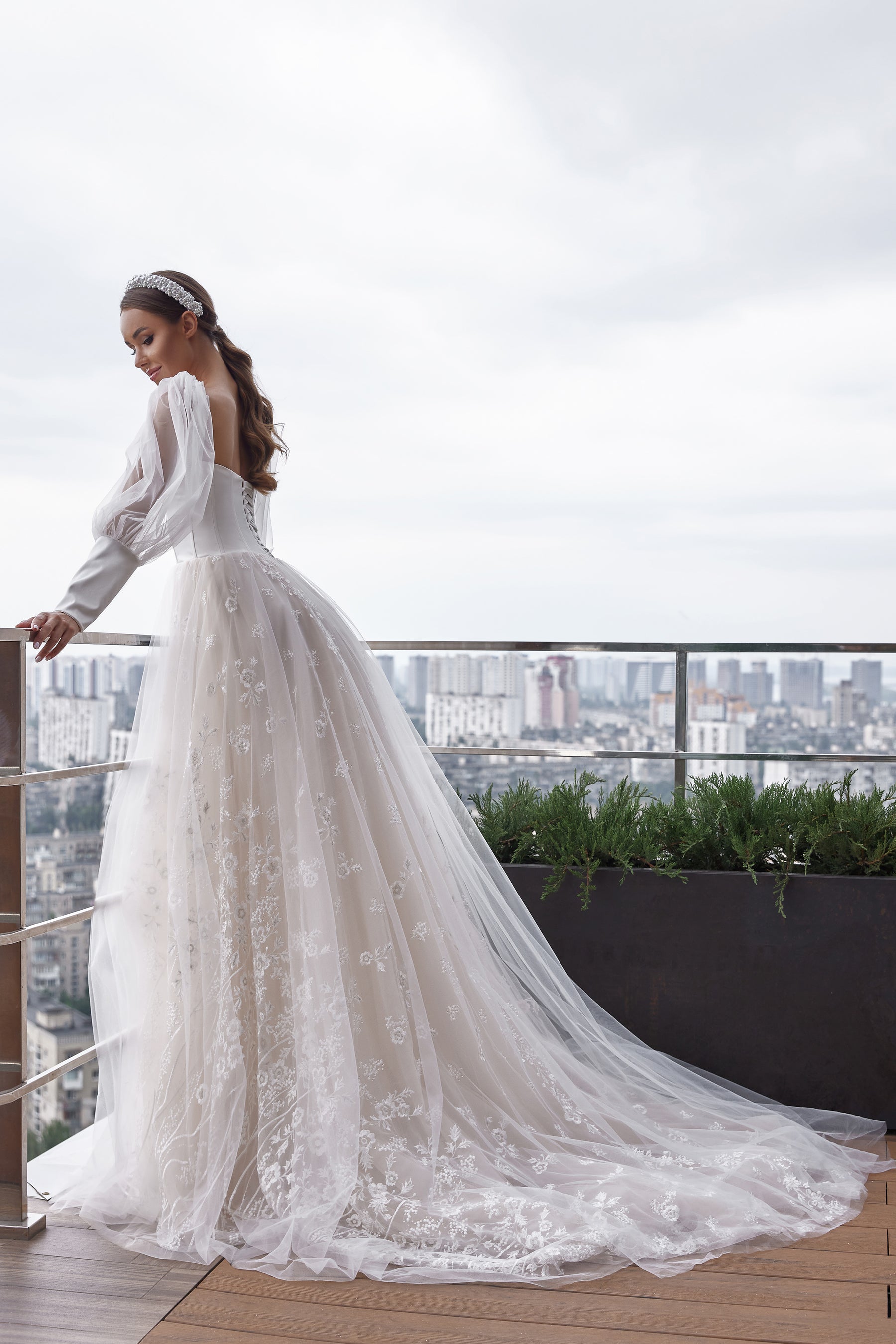 Romantic A-Line Wedding Dress With Sweetheart Neckline, Long Puff Sleeves, Tulle Overlay With Lace Appliqués, Embroidered Bodice