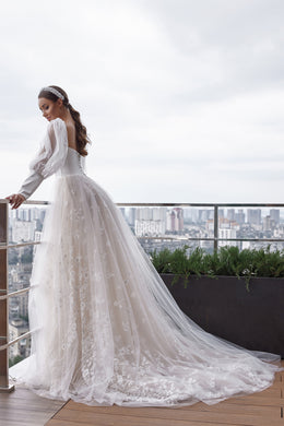 Romantic A-Line Wedding Dress With Sweetheart Neckline, Long Puff Sleeves, Tulle Overlay With Lace Appliqués, Embroidered Bodice