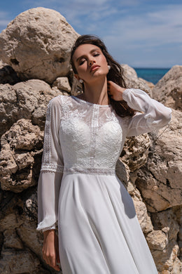A-Line Wedding Dress with Illusion Lace Bodice and Bishop Sleeves