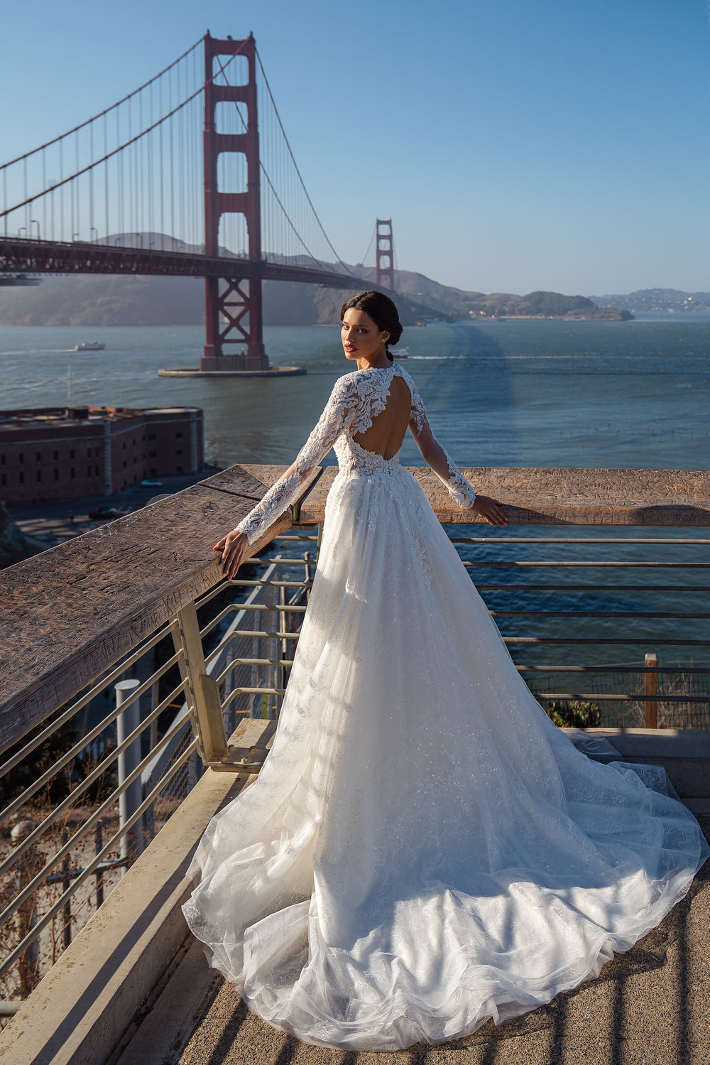Luxurious Classic Wedding Dress with Long Train, Guipure Embroidered with Beads, Sequins, Crystal, and Pearls