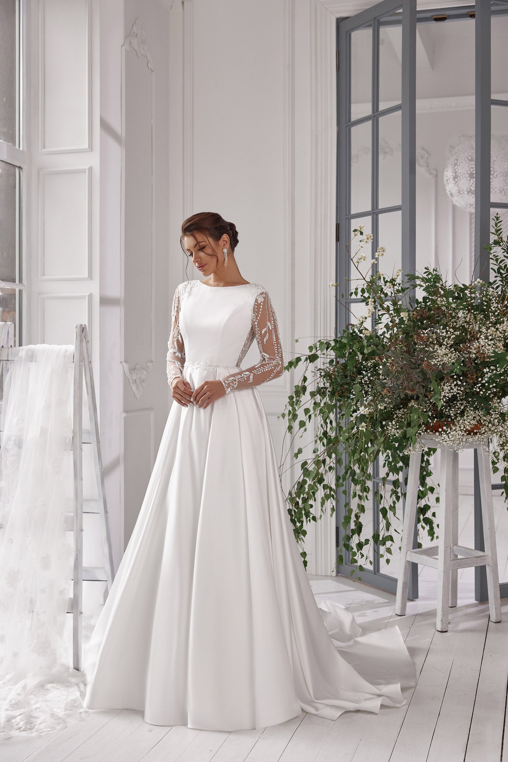 A-Line Wedding Dress with Beaded Illusion Sleeves