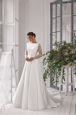 A-Line Wedding Dress with Beaded Illusion Sleeves