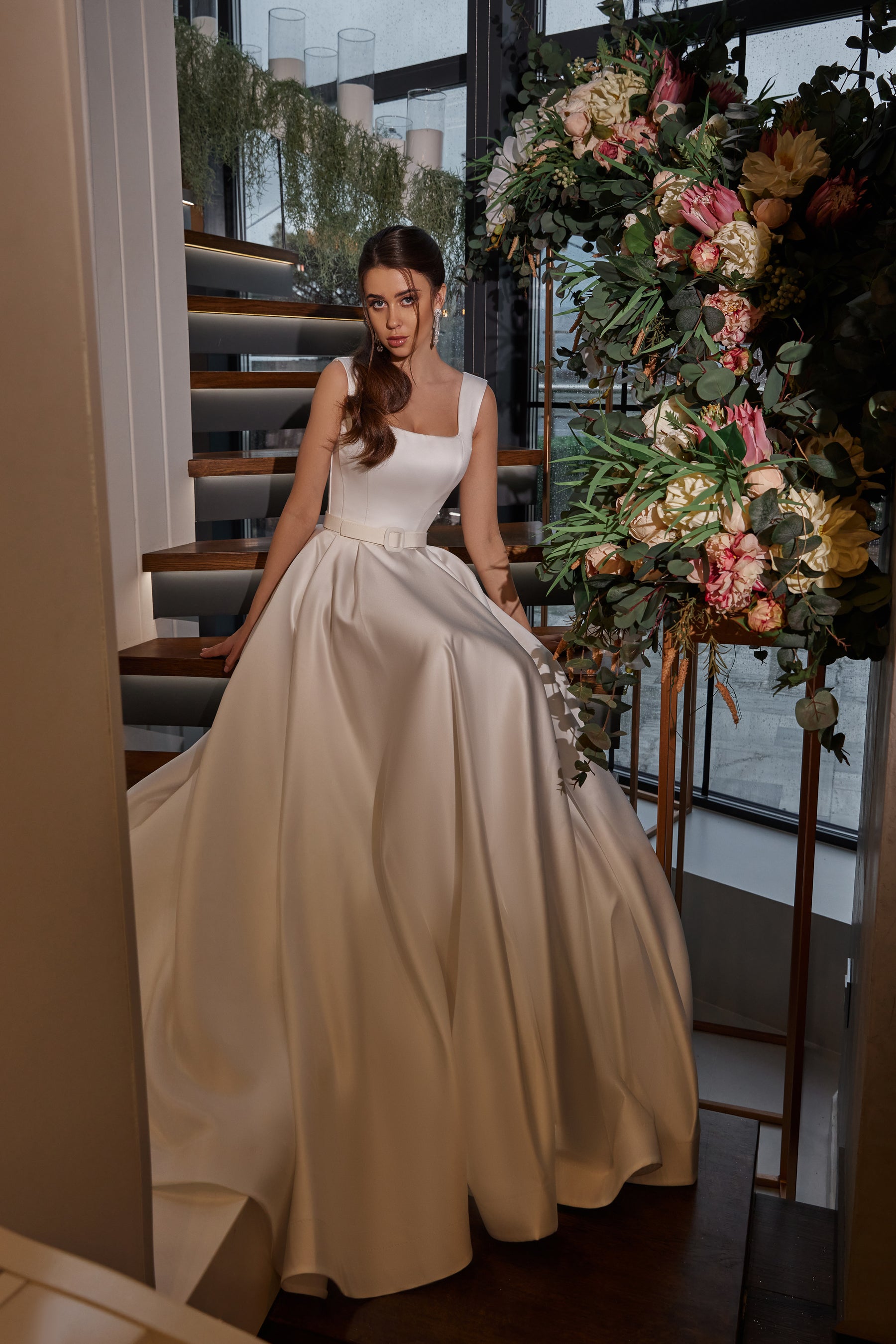 A-Line Satin Wedding Dress, Square Neck, Sleeveless, Flattering Waist, Full Skirt, Minimalist Bridal Couture