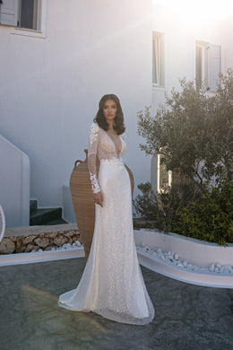 Sheath Wedding Dress with Long Sleeves and Beaded Lace