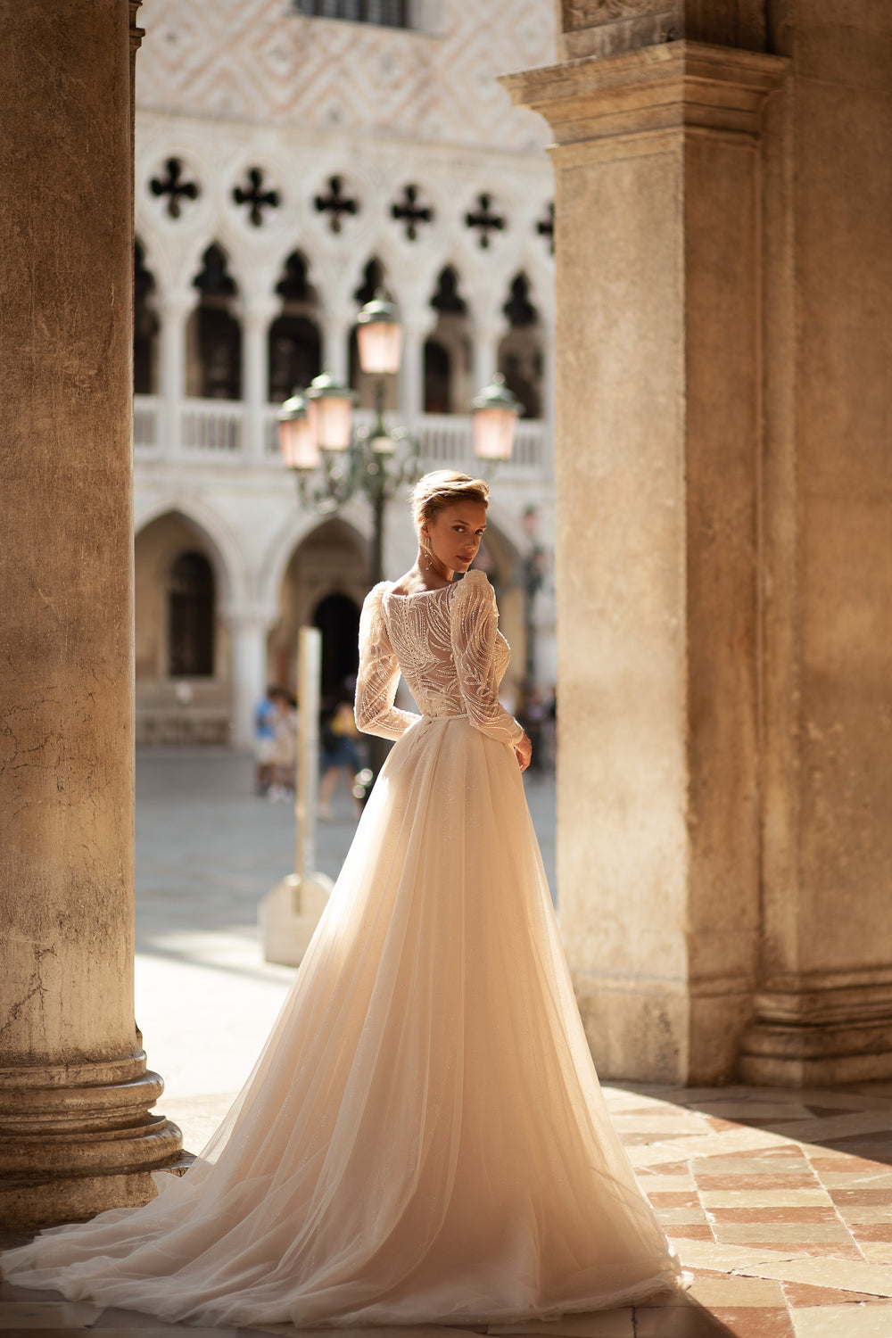Fit-and-Flare Wedding Gown with Long Sleeves and Detachable Tulle Skirt