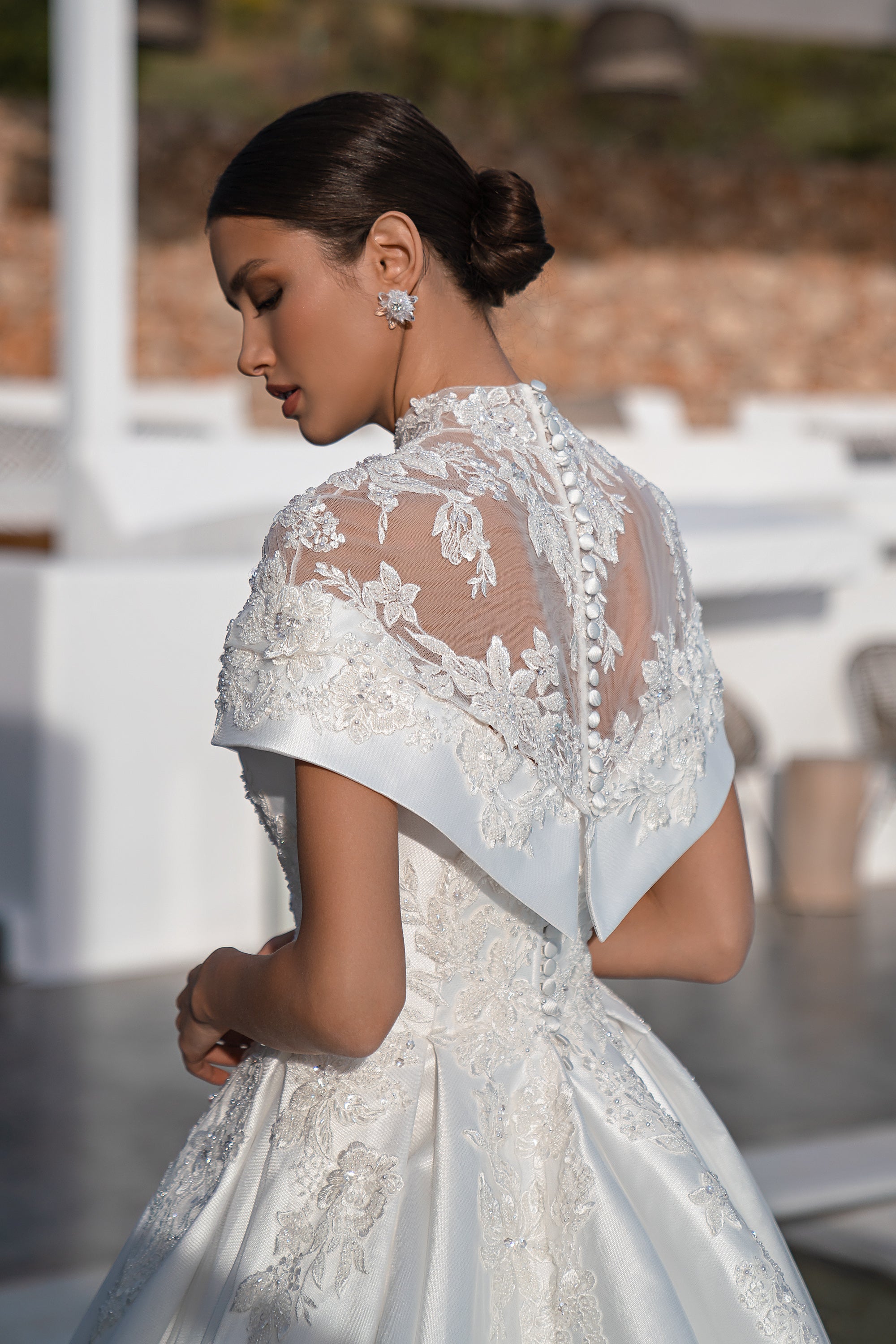 Princess Wedding Dress with Detachable Top, Guipure Collar, Soft Fabric Skirt & Long Train Embellished with Beads, Pearls, Crystals & Sequins