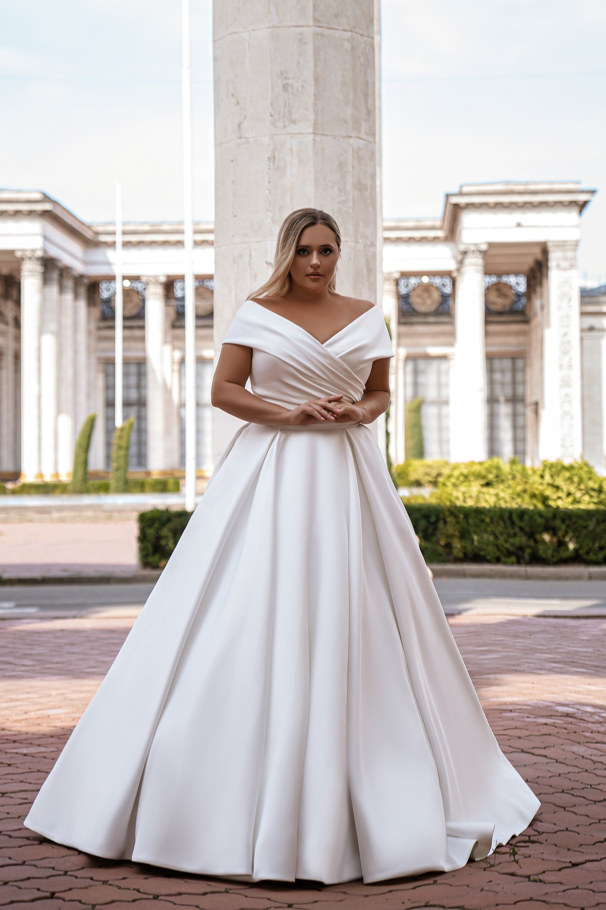 Mikado Ball Gown Wedding Dress with Draped Bardot Neckline