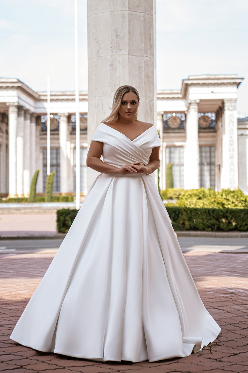 Mikado Ball Gown Wedding Dress with Draped Bardot Neckline