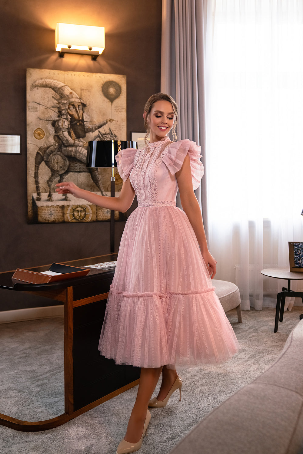 A-Line Evening Dress with Lace Stand-Up Collar
