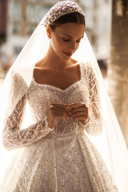 Royal Ballgown Wedding Dress with Sparkle Lace and Long Sleeves - Cathedral Style