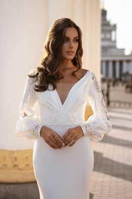 Mermaid Silhouette Wedding Dress with Long Lantern Sleeves and Embellished Guipure Bodice