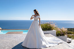 Royal Princess Wedding Dress with Amazing Collar, Fluffy Train Skirt, Semi-Sheer Corset, Lace Trim, Buttons, Guipure & Buttons Decoration